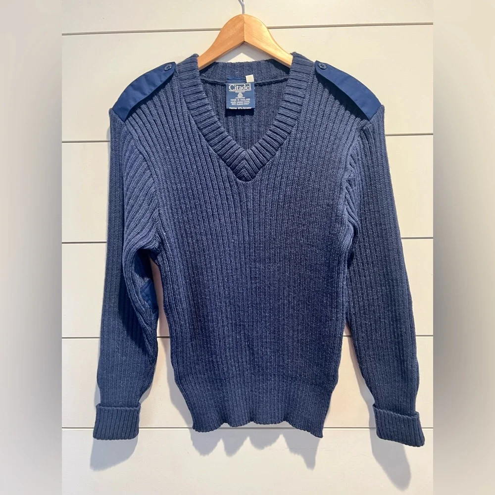 Citadel Sweater Mens 40 Blue Virgin Wool V-Neck Elbow Patch Ribbed Knit Military